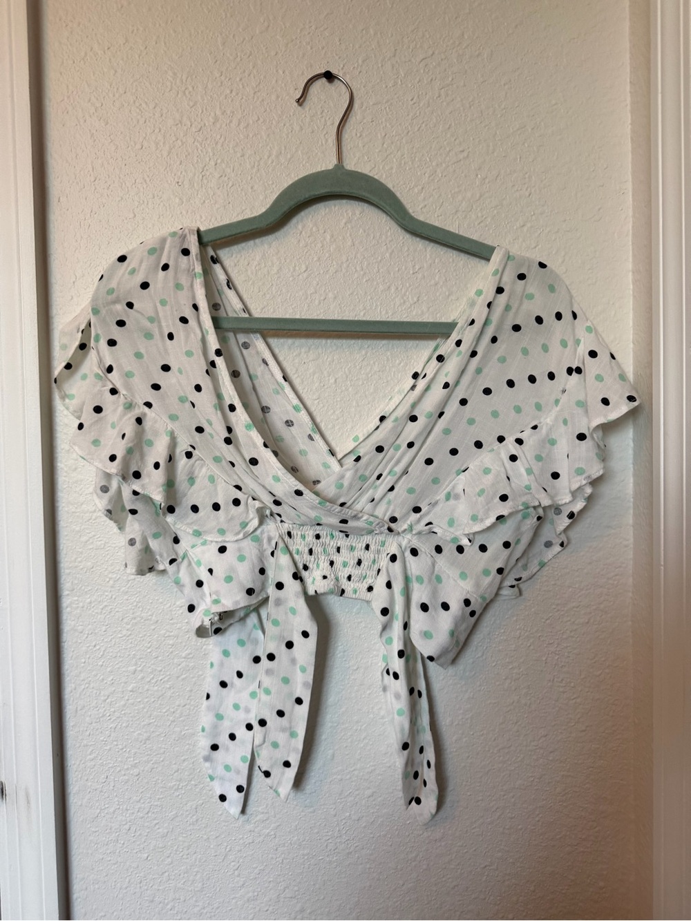 Forever 21 White Polka Dot Tie-Front Crop Top with Black & Mint Dots